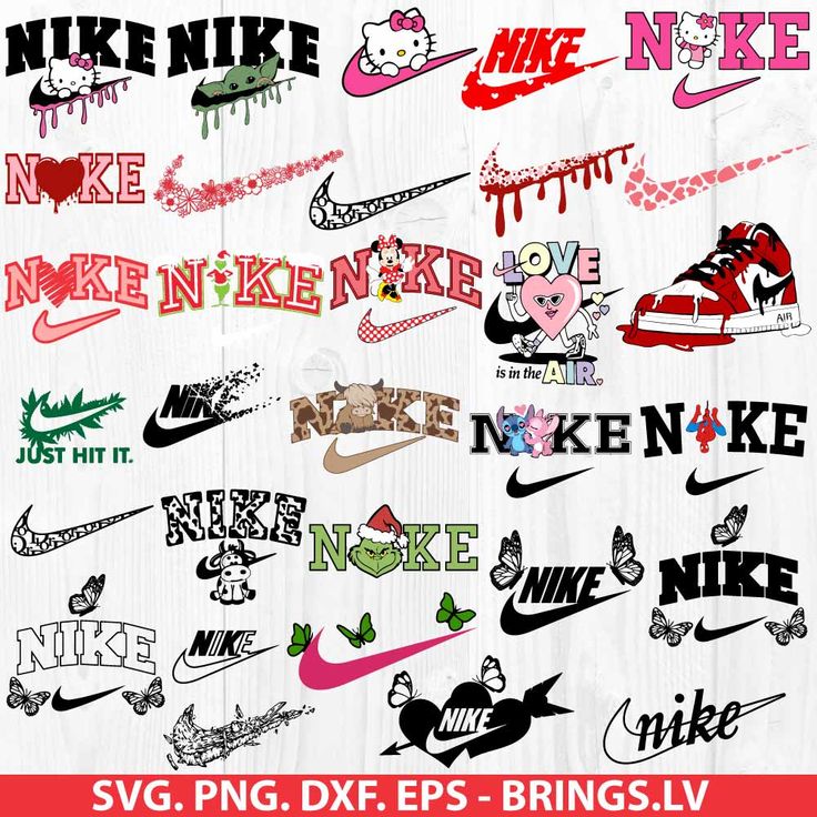 some different types of nike logos on a wooden background with the words swg png dxf eps - brings lv