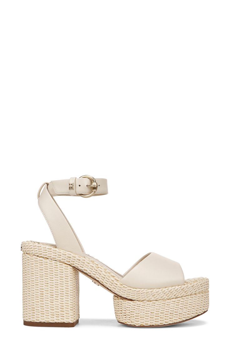 A woven platform and chunky block heel lend a boho-inspired aesthetic to an eye-catching sandal secured with an adjustable strap at the ankle. 4" heel; 1 1/4" platform Adjustable ankle strap with buckle closure Leather or textile upper/synthetic lining/rubber sole Imported Vacation Block Heel Wedge Sandals With Heel Strap, Cream Wedge Sandals With Heel Strap And Block Heel, Vacation Wedge Sandals With Heel Strap And Block Heel, Cream Wedge Sandals With Block Heel And Heel Strap, Cream Block Heel Wedge Sandals With Heel Strap, Chunky Platform Sandals With Block Heel For Vacation, Natural Heels With Woven Sole And Ankle Strap, Natural Ankle Strap Heels With Woven Sole, Cream Wedge Sandals With Heel And Ankle Strap