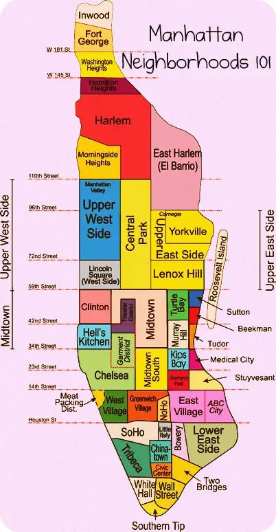 the manhattan neighborhood map is shown in bright colors