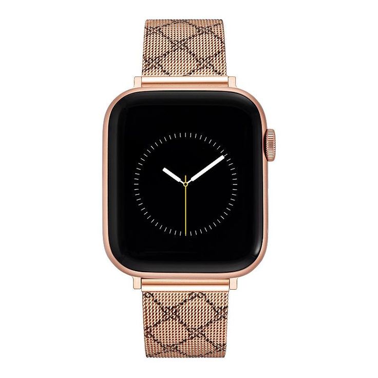 an apple watch with gold mesh band and black dials, on a white background