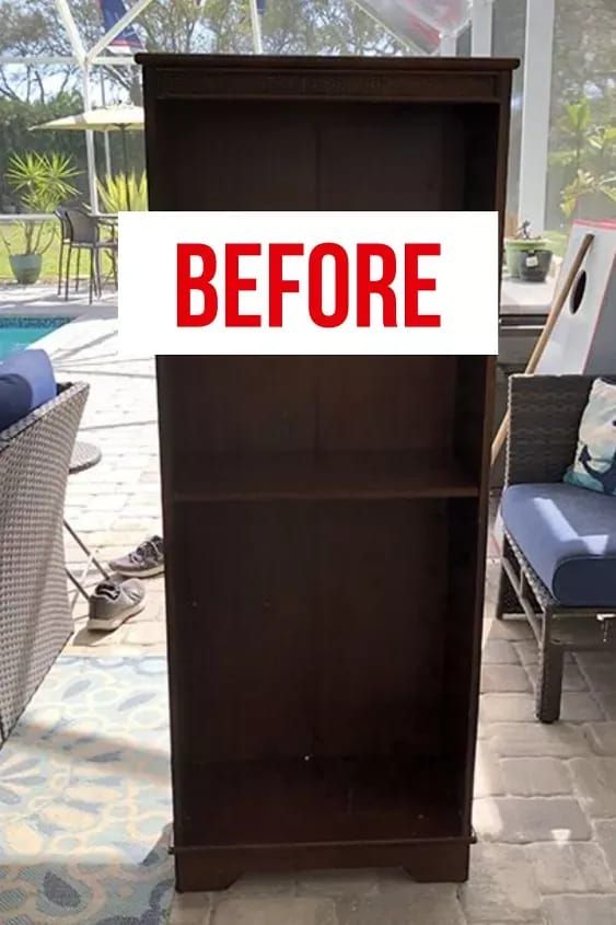 a bookcase with the words before and after painted on it in front of a pool