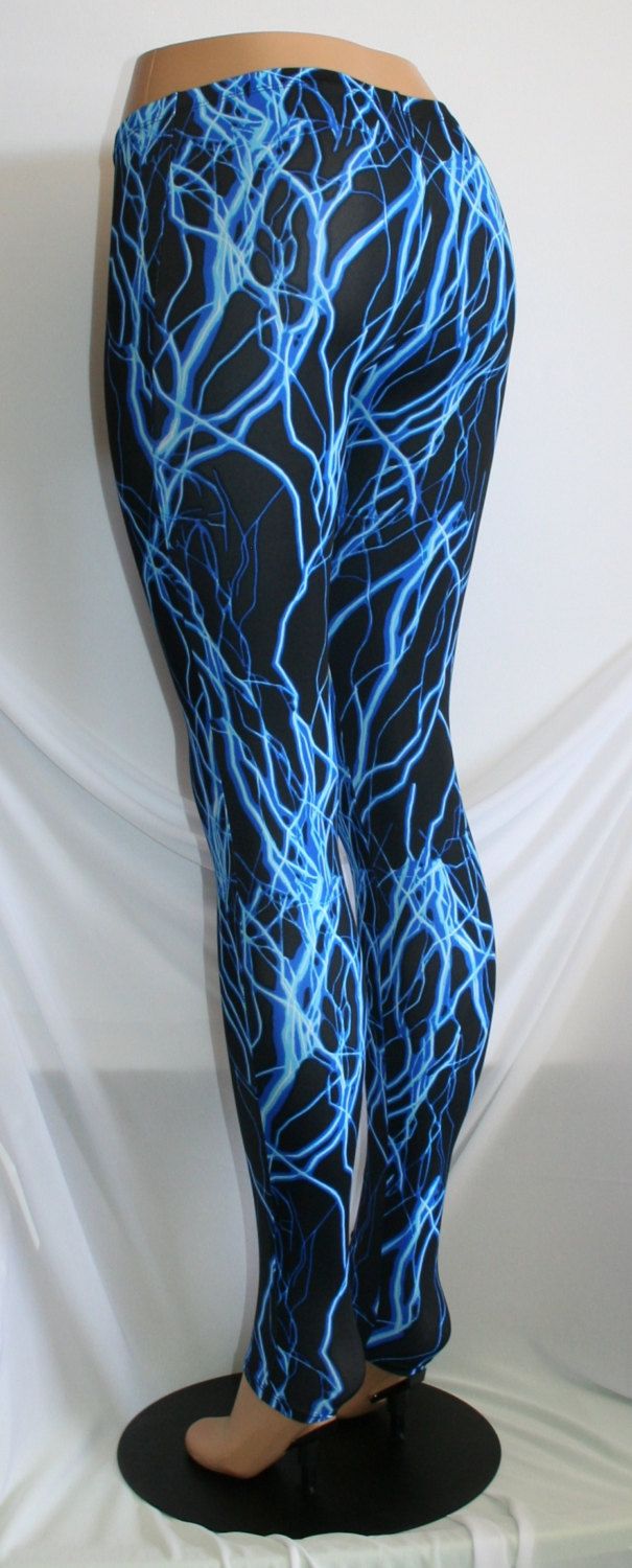 LIGHTNING BOLT / STORM LEGGINGS Awesome Fabric - Glows Under Blacklight!! 5 Dazzling Colors!! Matching Top Available Also! CUSTOM REQUESTS: All items can be adjusted to your needs!! → Waist higher/lower, inseam longer/shorter, different fabric, style or color → If you need help with sizing, send me a message with your measurements: Bust / Waist / Hips / Girth → We custom make many different styles in all sizes!! * Toddler, Child, Women, Men, Plus Size * Shorts, Tops, Leggings, Skirts, Leotards, Thigh High Fitted Leggings For Cosplay, Fitted Thigh-high Cosplay Leggings, Fitted Thigh High Leggings For Cosplay, Blue Stretch Rave Bottoms, Black Stretch Leggings For Cosplay, Fitted Blue Rave Bottoms, Fitted Blue Bottoms For Rave, Lightning Leggings, Storm Lightning