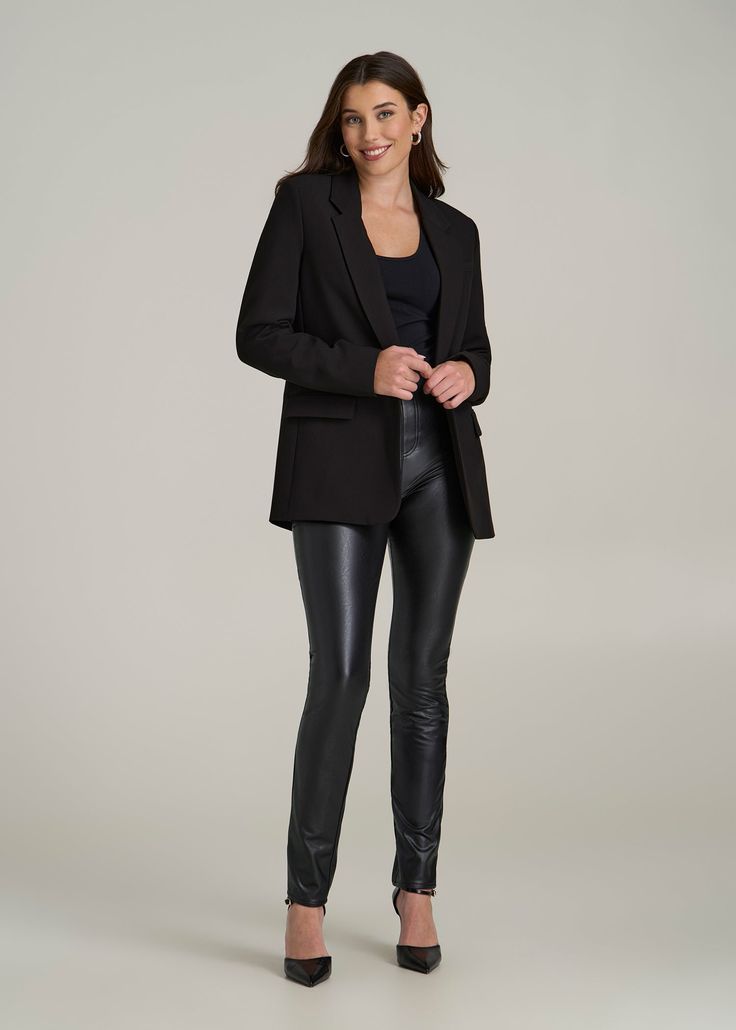 Sleek and Chic Your New Favorite Legging Step into the spotlight with our Tall Women's Faux Leather Leggings. These high-rise leggings are a game-changer for anyone seeking tall leggings that truly fit. Crafted with precision, they offer a snug yet comfortable fit, making them perfect for day-to-night looks.• High rise for a flattering, supportive fit• Elastic waist ensures comfort without compromising style• Full-length design perfect for taller figures SIZE & FIT: Tall Inseam: 33" Extra Tall I Scrubs Dress, Tall Leggings, Cozy Sleepwear, Trendy Leggings, Women In Black, Fall Denim, Sports Blazer, Long Sleeve Tee Shirts, High Rise Leggings