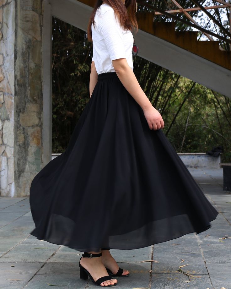 * A beautiful long chiffon skirt, two layers, not sheer at all. * Quality pearl chiffon fabric, soft, breathing and easy care. * A-line shape and elastic waist, it moves very beautifully when you walk. * Support 7 days return to get full refund on item without any reason. * Can custom size and colors, lead time is 6-8 days; * Let us know your usual size in your country and your overall height. * If you have some specific request or special characters such as broad shoulder, long arms, long waist Casual Black Full-length Skirt, Black Full-length Stretch Skirt, Full-length Black Lined Skirt, Black Full-length Lined Maxi Skirt, Black Stretch Full-length Maxi Skirt, Long Chiffon Skirt, Chiffon Maxi Skirt, Elastic Waist Skirt, Womens Maxi Skirts