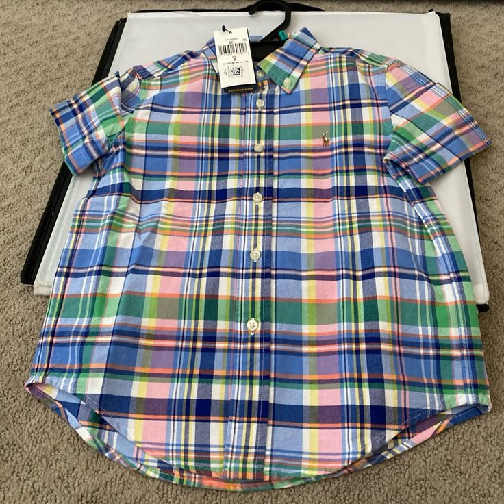 Size 5 Cute Blue Button-up Shirt, Collared Shirt For School In Summer, Collared Summer Shirt For School, Blue Summer School Top, Blue Short Sleeve School Shirt, Green Shirt For School In Summer, Spring Button-up Shirt For School, Green Spring Shirt For School, Green Shirt For School In Spring