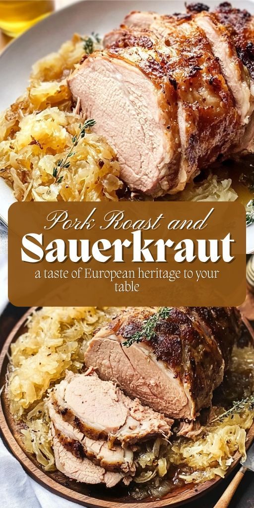 meat and sauerkraut on a white plate with brown text overlay that says, it's roast and sauerkraut a taste of european heritage to your table