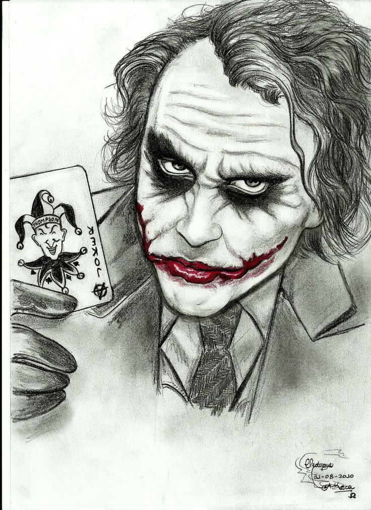 a pencil drawing of the joker holding a playing card with his face painted on it