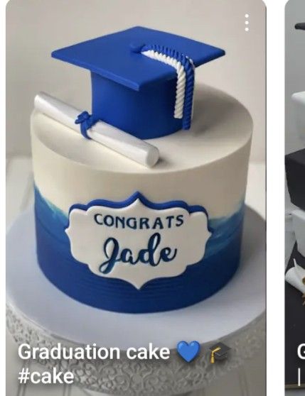 two cakes decorated with graduation caps and diplomas are shown in three different pictures, one is blue and the other has white frosting