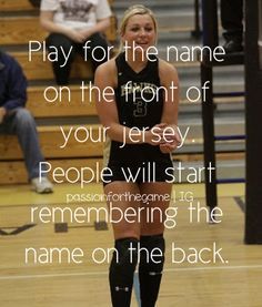 a girl standing on a basketball court with a quote about playing for the name on the front of your jersey