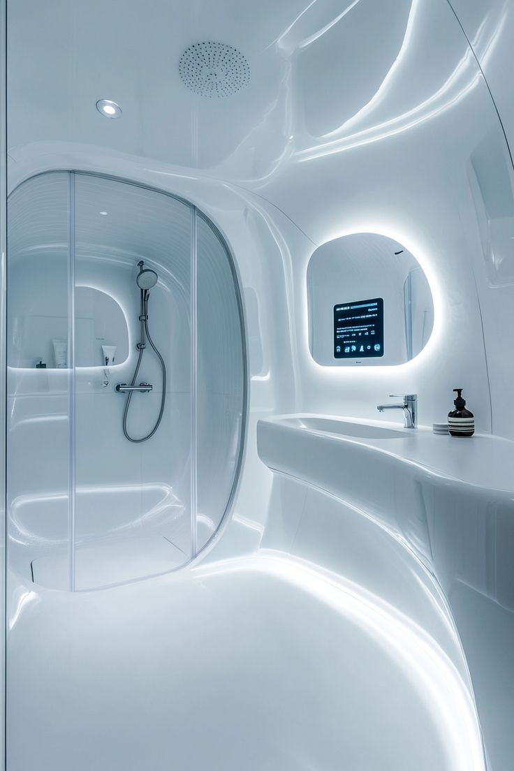 a white bathroom with curved glass walls