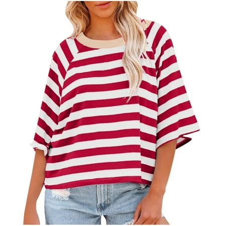 Women'S Fashion 3/4 Sleeved Top Striped Knitted T-Shirt Loose Fitting T-Shirt Features: 1.Solid Tops, Short Sleeve, Round Neck T-Shirt, Casual Tops, Stylish And Fashion Printing Design. 2.Material:Polyester Fiber, Made From Fabric, Lightweight Soft And Comfortable. 3.The Special Valentine'S Day Printing Design Makes It More Fashion And Attractive To Wear. 4.Occasion:Casual, Daily, St.Patrick'S Day, Date, Party, Work, Home Vacation, Etc.Suitable For. 5.How To Wash:Hand Wash Cold, Hang Or Line Dry Trendy Cotton T-shirt With 3/4 Sleeves, Trendy 3/4 Sleeve Cotton T-shirt, Casual Red Half Sleeve Tops, Casual Half Sleeve Stretch Tops, Casual Half-sleeve Tops For Day Out, Trendy Half Sleeve Tops For Day Out, Casual Cotton Sweater With 3/4 Sleeves, Half Sleeve Tops For Fall Day Out, Fall Striped Tops With 3/4 Sleeves