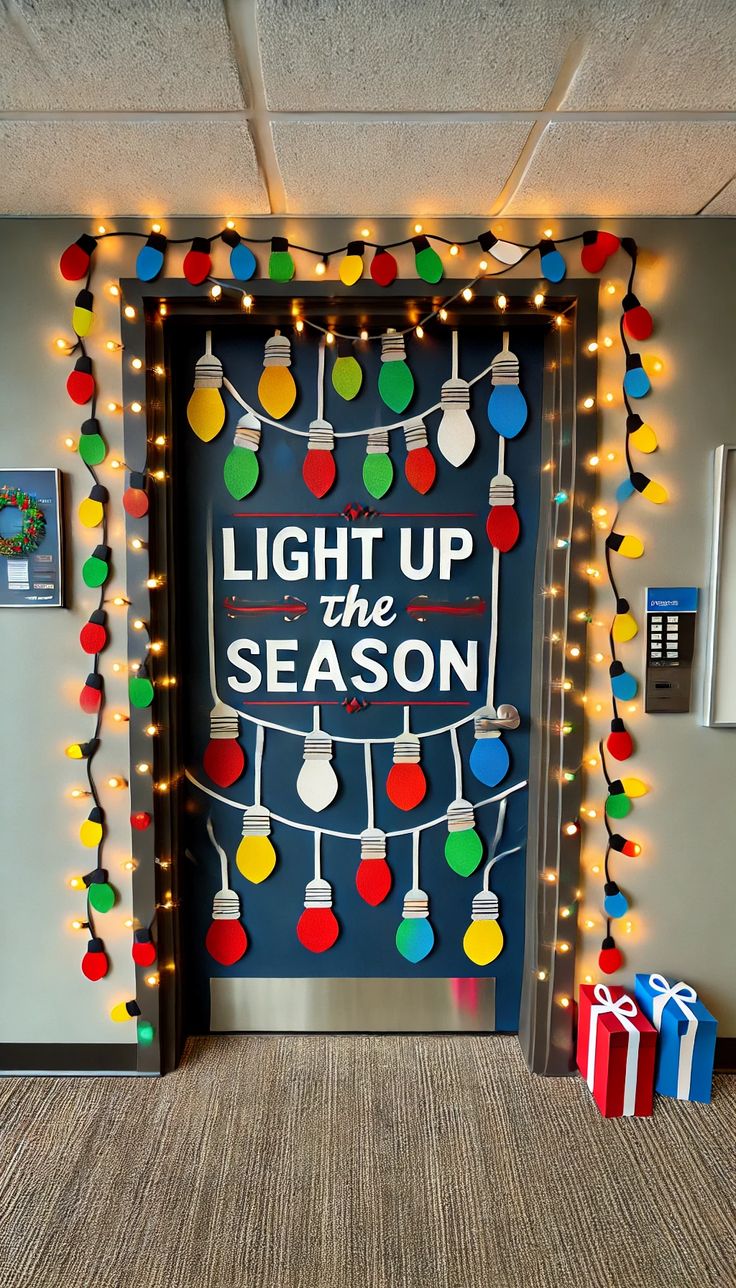 an open door decorated with christmas lights and holiday decorations on the wall, in front of a blue background that says light up the season