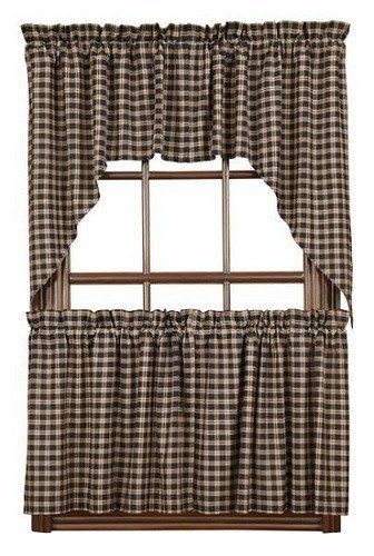 a black and white checkered window curtain with a valance on the bottom tier