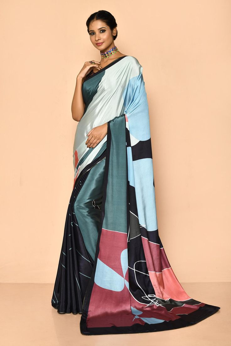 Buy Naintara Bajaj Blue Crepe Abstract Pattern Printed Saree Online | Aza Fashions Farewell Sarees, Saree Blue, Arts And Crafts For Teens, New Saree Designs, Crepe Saree, Saree For Women, Printed Saree, Saree Online, Printed Sarees