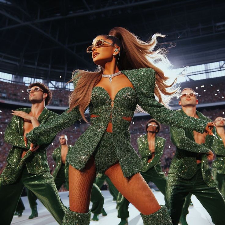 the singer and dancers perform in front of an audience at a football game, wearing green outfits