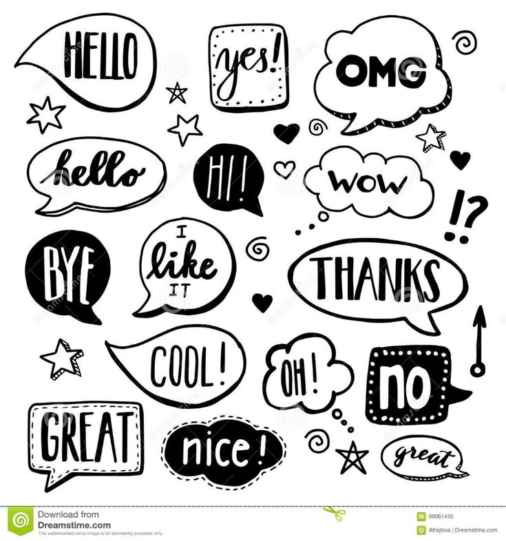 set of hand drawn speech bubbles with different sayings and phrases, black on white background