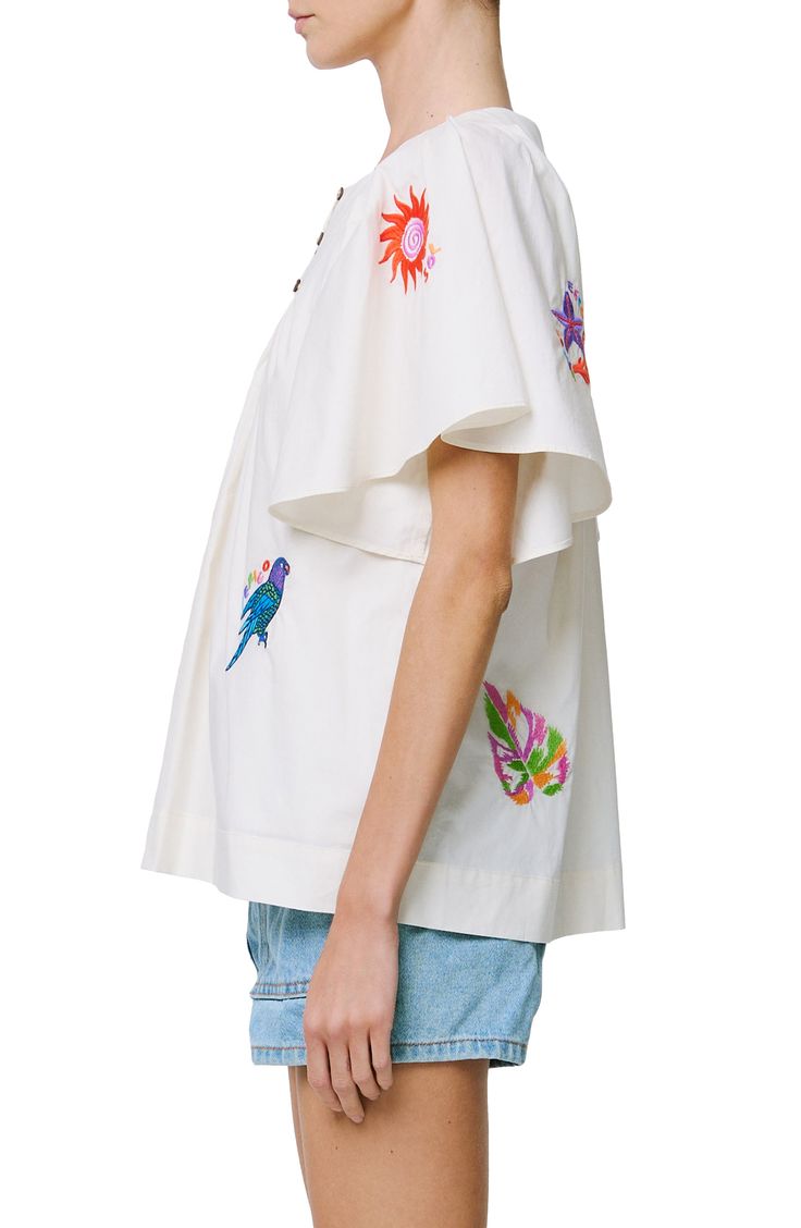 Colorful embroidery adds a vacation-ready twist to a woven cotton shirt in a relaxed silhouette. 24" length Button half placket Jewel neck Short sleeves 100% cotton Hand wash, dry flat Imported Asian & Pacific Islander Owned/Founded Pacific Islander, Colorful Embroidery, Jewel Neck, Woven Cotton, Cotton Weaving, Cotton Shirt, Hand Wash, Short Sleeves, Nordstrom