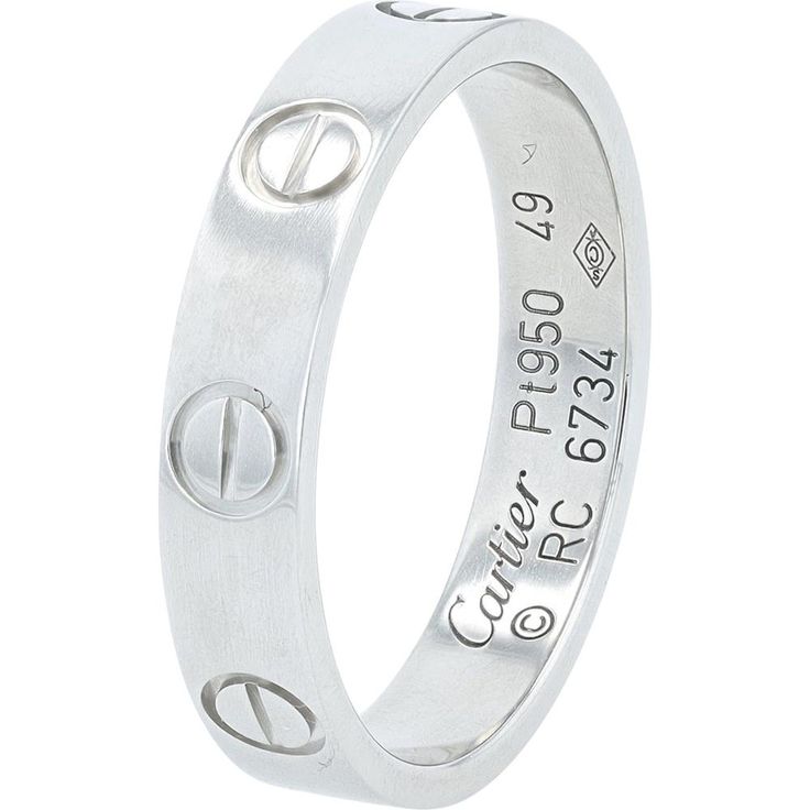 Platinum Cartier Mini Love Band with Iconic Screw Motifs - Size 49 Luxury Cartier Wedding Jewelry, Designer Cartier Wedding Rings, Designer Formal Rings With Polished Finish, Designer Rings With Polished Finish For Formal Occasion, Elegant Cartier Jewelry For Anniversary, Luxury Silver Jewelry With Timeless Design, Elegant Silver Rings With Timeless Design, Designer Rings With Polished Finish For Anniversary, Luxury Aaa Quality Rings For Formal Occasions