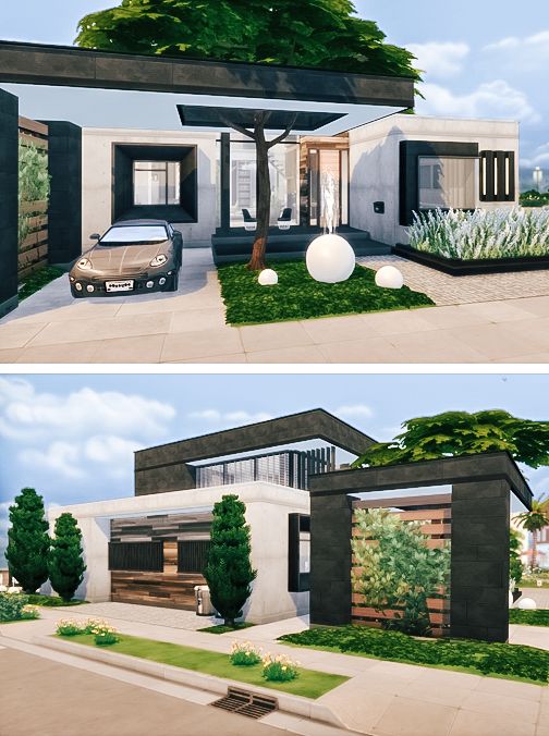 two renderings of a modern house with cars parked in the driveway and on the street