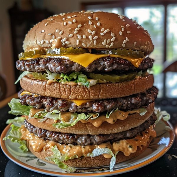 a large hamburger with cheese and lettuce on it sitting on top of a plate