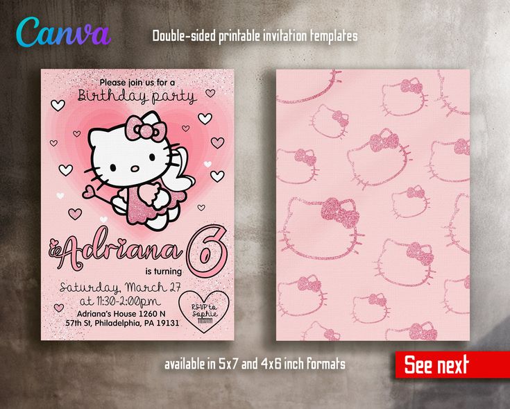 a pink hello kitty birthday card with hearts