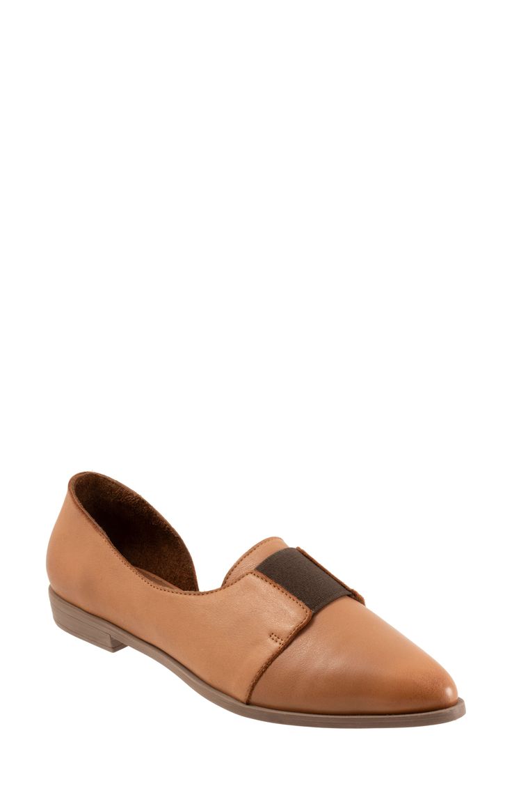 A side cutout and pointy toe add modern dimension to a leather flat set on a cushioned footbed and sturdy rubber sole. Elastic gore inset Cushioned footbed with arch support Leather upper and lining/rubber sole Made in Turkey Slip-on Leather Shoes With Closed Toe, Leather Ballet Flats With Almond Toe And Rubber Sole, Low Heel Flats With Leather Lining For Workwear, Spring Calf Leather Flats With Rubber Sole, Formal Brown Flats With Leather Footbed, Chic Leather Slip-ons With Leather Lining, Workwear Flats With Leather Lining And Low Heel, Calf Leather Ballet Flats With Rubber Sole, Flat Heel Calf Leather Slip-ons