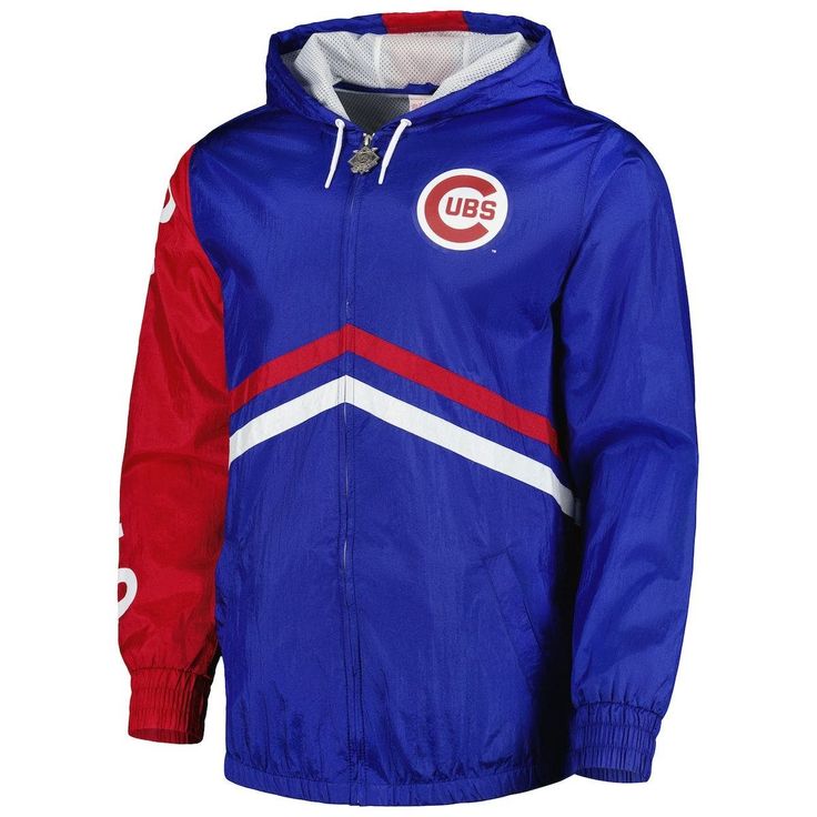 Make certain nobody questions your loyalty to the Chicago Cubs by wearing this Undeniable windbreaker from Mitchell & Ness. It's eye-catching design features vintage Chicago Cubs graphics, chevron striping and an adjustable hood. In addition, mesh lining gives this full-zip jacket a breathable feel. Hooded Officially licensed Mesh lining Brand: Mitchell & Ness Machine wash, line dry League-specific zipper pulls Material: 100% Nylon - Body; 100% Polyester - Lining Full Zip Lightweight jacket Sports Season Fan Apparel Outerwear, Hooded Moisture-wicking Nylon Track Jacket, Hooded Nylon Track Jacket With Moisture-wicking, Moisture-wicking Hooded Nylon Track Jacket, Team-colored Long Sleeve Sports Outerwear, Hooded Nylon Track Jacket For Sports Season, Hooded Outerwear For Streetwear During Sports Season, Fan Apparel Long Sleeve Outerwear For Sports Events, Long Sleeve Fan Apparel Outerwear For Sports Events