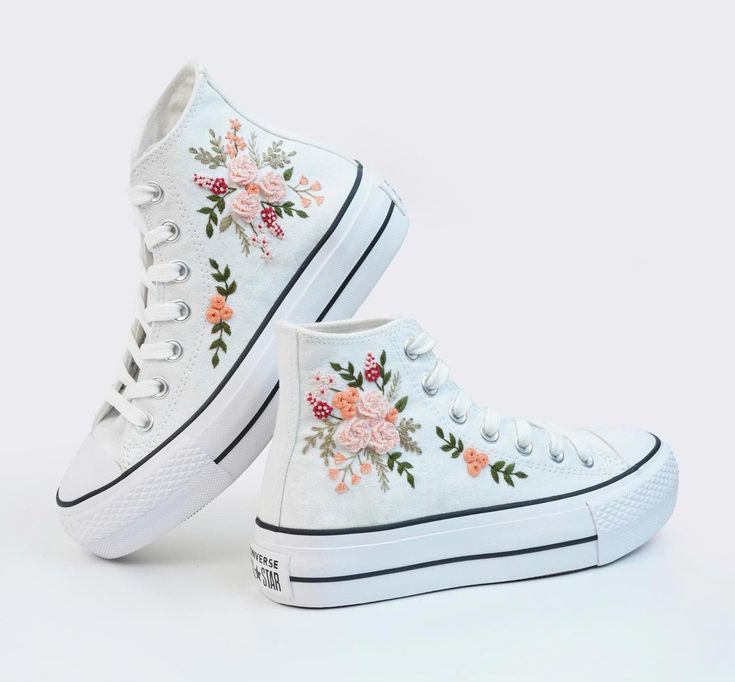 🧵 Handcrafted Embroidery & Unique Patterns Each pair of Converse is carefully hand-embroidered, impressive and unique designs that set your sneakers apart.  Pricing The listed price includes both the Converse shoes and the custom embroidery designs on them. 💬 Customizable Options -  We offer various types of Converse shoes! If you'd prefer a different style, feel free to message us. You can also send us your own pair of shoes for customization. Delivery takes 8-14 days, not including the time Bride Sneakers, Wedding Platform, Bridal Sneakers, Embroidered Converse, Converse Custom, Converse Platform, Wedding Converse, Custom Kicks, Custom Converse