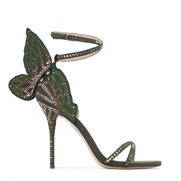 Chiara Sandal Khaki | Sophia Webster Luxury Green High Heel Sandals, Designer Green Sandals For Party, Green Embellished Open Toe Heels, Green Embellished Round Toe Sandals, Green High Heel Sandals With Rhinestones, Glamorous Green Sandals With Rhinestones, Spring Green Embellished Heels, Sophia Webster Chiara, Butterfly Shoe