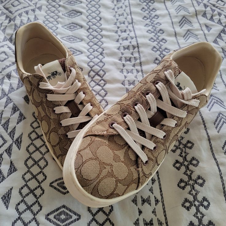 Brand New, Worn Once, Women's Size 8.5 Coach Sneakers. Beige Low-top Fall Sneakers, Beige Low-top Sneakers For Fall, Brown Textured Sole Sneakers For Spring, Brown Sneakers With Gum Sole For Spring, Brown Gum Sole Sneakers For Spring, Casual Coach Lace-up Sneakers, Brown Synthetic Sneakers For Spring, Beige Lace-up Sneakers For Fall, Brown Lace Sneakers For Spring