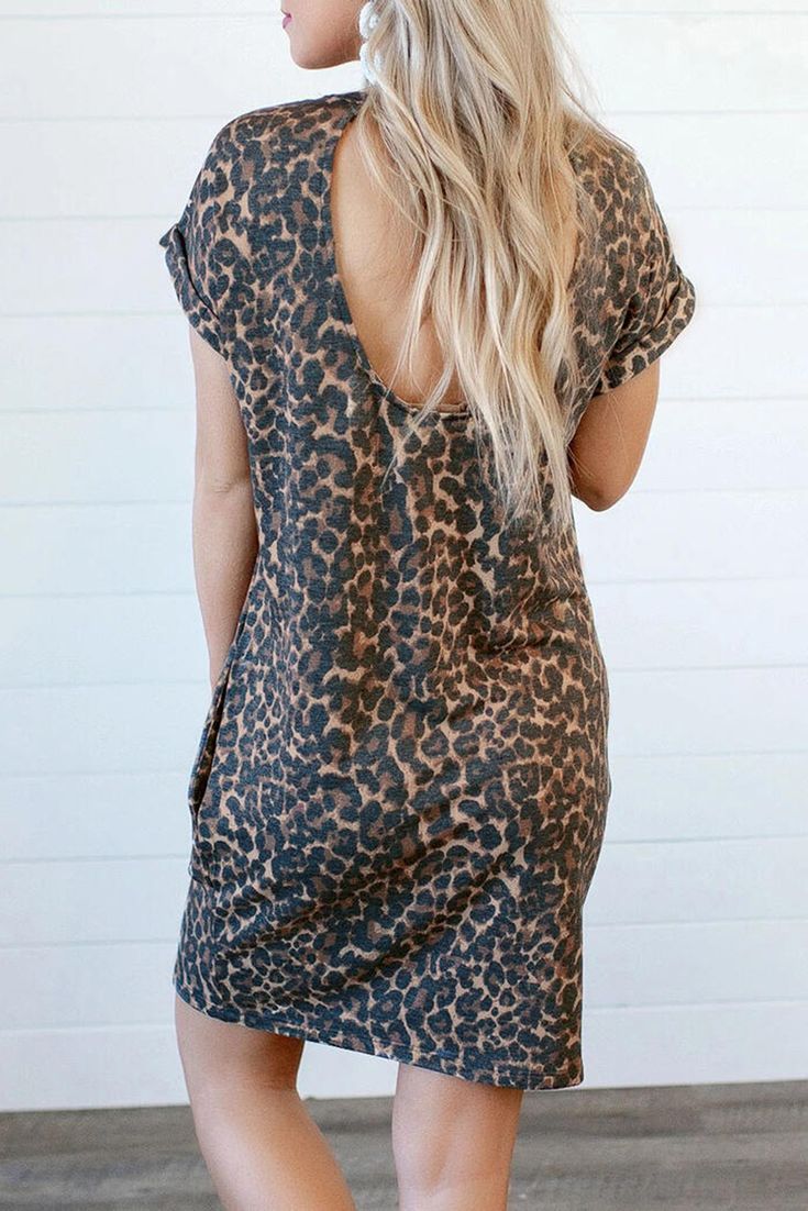 Leopard Short Sleeve Backless Pocketed Mini Dress Chic Brown Mini Dress With Pockets, Summer Leopard Print Dress For Date Night, Casual V-neck Dress With Back Zipper, Casual Dress With Back Zipper For Day Out, Casual Leopard Print Mini Dress, Casual Beach Dress With Back Zipper, Casual Dresses With Back Zipper For Date Night, Casual Dress With Back Zipper For Date Night, Casual Dresses For Date Night With Back Zipper