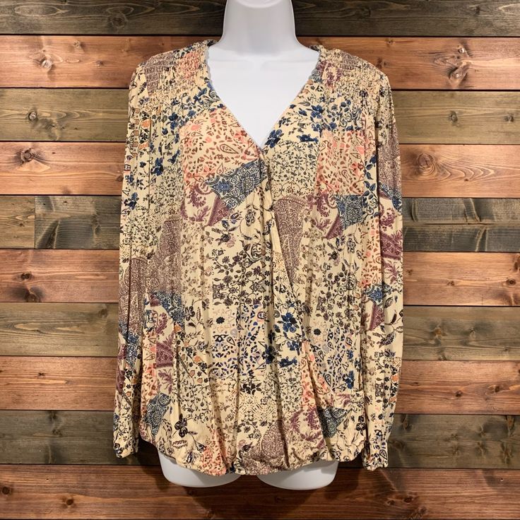 Floral Pattern Long-Sleeve V-Neck 100% Cotton Patterned Floral Print V-neck Top, Flowy V-neck Blouse With Floral Print, Patterned Floral Print V-neck Blouse, Flowy V-neck Blouse For Fall, Flowy V-neck Top For Fall, Flowy V-neck Printed Tops, Patterned Floral V-neck Top, Floral Print V-neck Patterned Top, Patterned Flowy V-neck Blouse