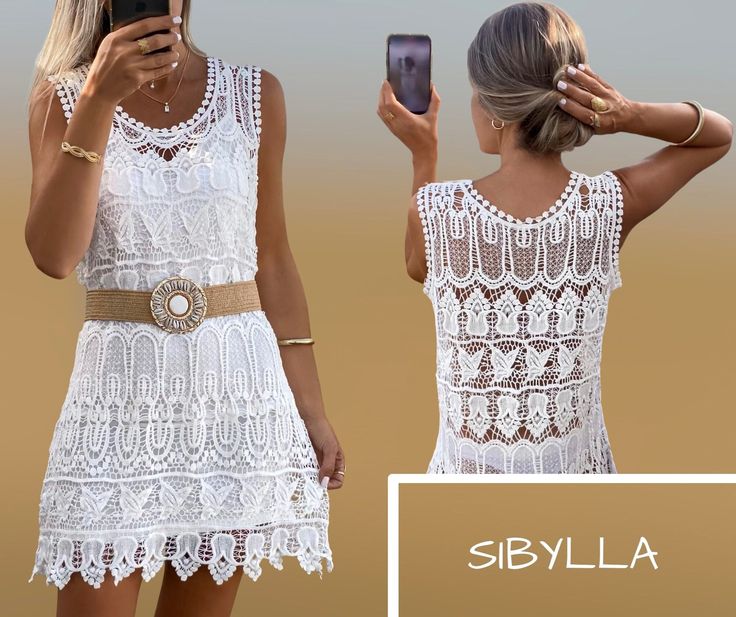 SIBYLLA White Cotton Boho Dress Sibylla is made of a delicate white embroidered cotton fabric. One size. Measurements: Armpit to Armpit: 20,87 Inches / 53 centimeters Length: 32,67 Inches / 83 centimeters Ready to ship in one business day. Free Worldwide Shipping. This dress can be used to go to the beach, directly over the swimsuit or for day to day, as shown in the photos, over a slip (not included). *STYLE* Boho Chic Clothes Romantic Dresses White Dresses Ibiza Style Beach Wear Weddings Delic Sleeveless Lace Beach Dress, Bohemian Hollow Out Dress For Beach Cover-up, Elegant Summer Crochet Dress With Crochet Trim, Beige Non-stretch Beach Dress, White Hollow Out Dress For Beach Season, White Hollow Out Dresses For Summer, White Bohemian Crochet Dress With Lace Trim, Elegant Crochet Lace Dress For Vacation, White Hollow Out Mini Dress For Vacation