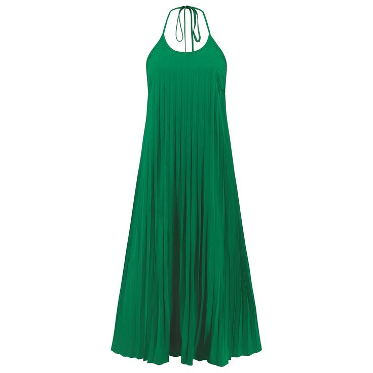 The Eleanor Pleated Halter Maxi Dress in green is the perfect summer statement piece. With its flattering pleated design and halter neckline, this dress effortlessly combines style and comfort. Perfect for any occasion, this dress will make you stand out from the crowd. (Fashion-forward and fuss-free, the Eleanor Pleated Halter Maxi Dress will keep you looking and feeling cool this summer!) Size Guide: Model is 5’8” tall, and has a 33.7” bust, 24.4” waist, & 35.6” hips. She is wearing a S / US 4 / AU 8. This dress is true to size. Material: 100% Polyester. Feature: Halter neck. Sleeveless. Pleated. Plisse Skirt. Maxi length. Care Instructions: Machine wash / Cold hand wash Flowy A-line Pleated Dress For Summer, Summer A-line Pleated Dress With Pleated Bodice, Beach Pleated Halter Neck Dress, Beach Pleated Halter Dress, Beach Halter Neck Dress Pleated, Summer A-line Flowy Pleated Dress, Summer Flowy A-line Pleated Dress, Green Halter Neck Dress For Date Night, Chic Pleated Halter Neck Dress