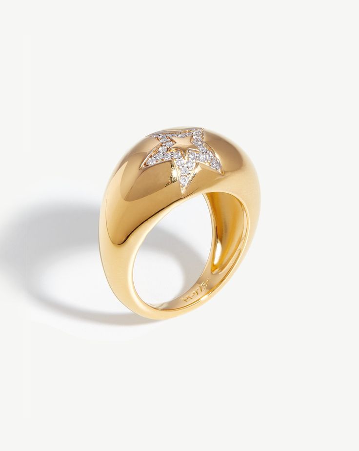 Celestial Pave Star Dome Ring | 18ct Gold Plated Vermeil/Cubic Zirconia. A Standout Addition to Your Ring Collection. Bold and Lightweight, this Celestial-Inspired Domed Design is Embellished with a Single Pavé Star on a Plain Band. A Statement Piece Worn Solo, or Paired with a More Delicate Ring to Create Contrast. Metal: 18Ct Recycled Gold Plated Vermeil on Recycled Sterling Silver Stone: White Cubic Zirconia Dimensions: 12. 3mm X 6. 7mm Weight: 8. 35g this Piece is Handcrafted with Recycled M Gold Dome Ring, Earring Trends, Dome Ring, Plain Bands, Gold And Silver Rings, Ring Collection, Bling Rings, Domed Ring, Recycled Gold