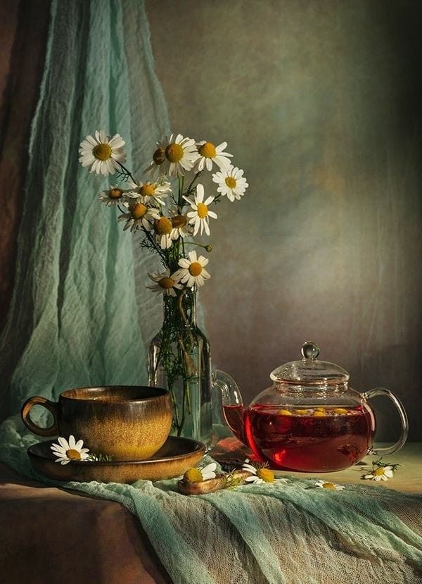 a still life with daisies and a teapot