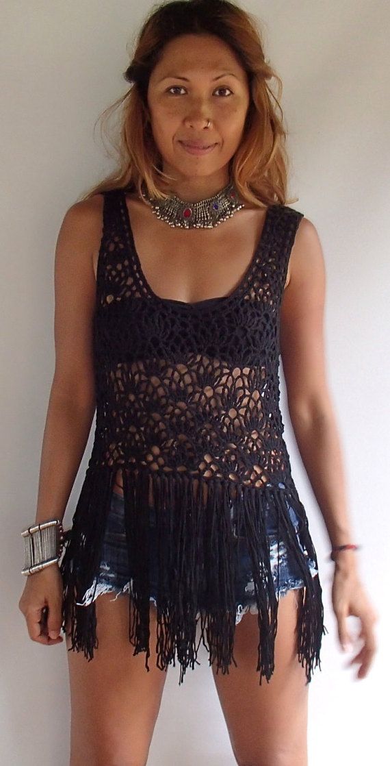 Black crochet fringe tunic dress one size by PadMa88 on Etsy Hippie Crochet Top For Festival, Hippie Cotton Crochet Tops, Black Bohemian Crochet Top With Crochet Trim, Cotton Crochet Tops For Festival, Festival Crochet Cotton Top, Black Bohemian Crochet Top For Festival, Bohemian Crochet Tops For Festival, Cotton Crochet Lace Tops For Festival, Black Bohemian Tops With Fringe