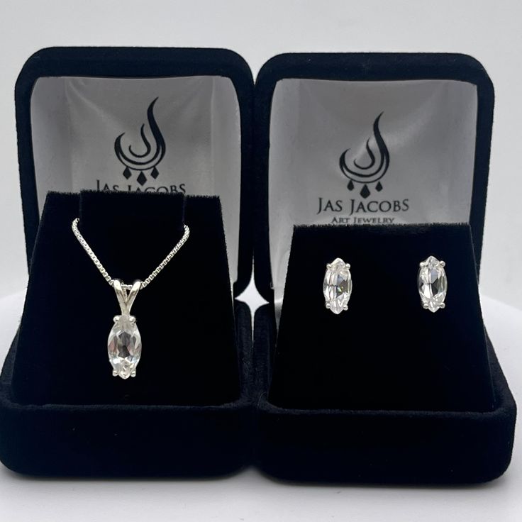 Beautiful White Sapphire Earrings & Necklace Set  * Marquise Cut White Sapphires measure 12x6mm (necklace) and 10x5mm (earrings) each * 16" or 18" Chain Necklace  * 4cts Total Sapphire Weight * Solid 925 Sterling Silver Hallmarked & Gift Ready! Matching Ring also available!   These Sapphires are Laboratory Grown. They are identical to the Natural Stone in every way including Chemistry, Composition and Hardness with excellent clarity & color refraction.  TIMELESS, BEAUTIFUL & UNIQUE FINE ART JEWE Classic Diamond Cut Jewelry Set As Gift, Sterling Silver Jewelry Sets With Diamond Cut In White, White Sterling Silver Jewelry Sets With Diamond Cut, White Gold Gemstone Jewelry Sets For Wedding, Classic White Gold Jewelry Sets With Matching Earrings, Wedding White Gold Jewelry Sets With Gemstones, Formal White Gold Jewelry Sets With Matching Earrings, Classic Sterling Silver Jewelry Sets For Wedding, White Gold Prong Setting Jewelry Sets For Formal Occasions