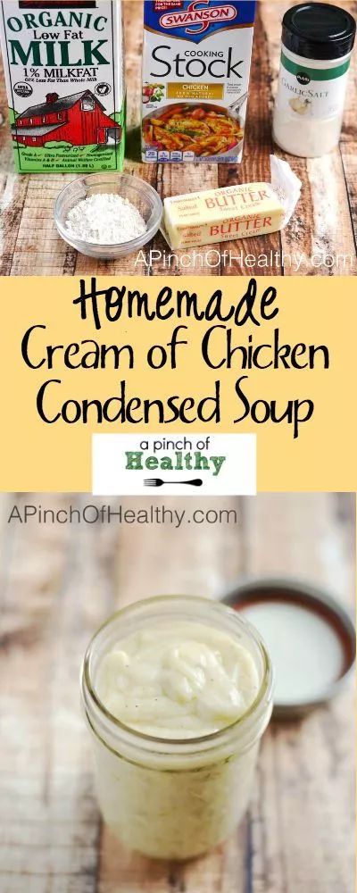 homemade cream of chicken condensed soup recipe in a jar with ingredients to make it on the table