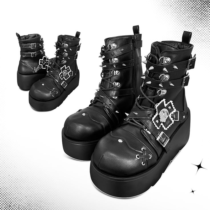 Get ready to rock the punk look with these edgy platform boots. Featuring spike studs , leather buckles, and a chunky heel, these boots are the perfect statement piece for your alternative wardrobe.   Please note that this product includes only one pair of shoes.  Garment Size   	 		 			Size 			35 			36 			37 			38 			39 			40 		 		 			Foot Length 			22.5 			23 			23.5 			24 			24.5 			25 		 		 			Heel 			4.5-7.5 			4.5-7.5 			4.5-7.5 			4.5-7.5 			4.5-7.5 			4.5-7.5 Leather Emo Boots For Concerts, Emo Leather Boots For Concerts, Emo High-top Leather Platform Boots, Emo Leather Platform Boots, Emo Leather Boots For Streetwear, Gothic Leather Platform Boots With Grommets, Punk Style Platform Boots With Round Toe For Concerts, Emo High-top Platform Boots, Punk Leather Platform Boots For Concert