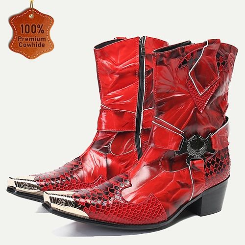 Category:Boots; Upper Materials:Leather,Italian Full-Grain Cowhide; Lining Materials:Leather; Embellishment:Metallic Toe; Gender:Men's; Toe Shape:Round Toe; Outsole Materials:Rubber; Closure Type:Buckle; Function:Warm,Comfortable,Slip Resistant; Listing Date:09/06/2024; 2024 Trends:Retro,Biker boots Western Style Moto Boots For Winter Outdoor, Western Pointed Toe Moto Boots For Winter, Red Boots For Rodeo In Winter, Western Riding Boots For Winter, Western Winter Riding Boots, Fall Outdoor Moto Boots With Snip Toe, Leather Moto Boots With Pointed Toe For Western Events, Leather Moto Boots With Snip Toe For Winter, Red Western Boots For Winter