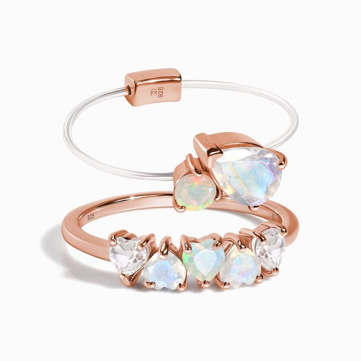 We paired two pieces to give you the beauty and balance of Moonstone and Opal. Our Moonstone & Opal Toi & Moi Floating Ring features our innovative ‘floating’ design, using delicate yet strong nylon thread. Stack it with our Moonstone & Opal Crush On You band, and watch the gemstones dance.
Embrace the balancing power of authentic Moonstone, which helps connect you to your feminine energy, and the radiating joy of Opal that brings a positive, carefree spirit. 
Details Of The Toi Et Moi Ring
- Au Adjustable Stackable Moonstone Jewelry, Adjustable Ethereal White Jewelry, Adjustable Rose Gold Moonstone Jewelry, Modern Adjustable Moonstone Gemstone Ring, Modern Adjustable Moonstone Ring, Adjustable Ethereal Gemstone Jewelry, Adjustable White Moonstone Stackable Ring, Adjustable White Stackable Moonstone Ring, Adjustable Rose Gold Opal Jewelry