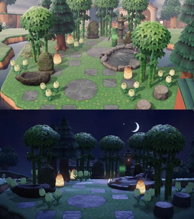 two different views of the same park at night and in day and night, there is a small pond surrounded by trees