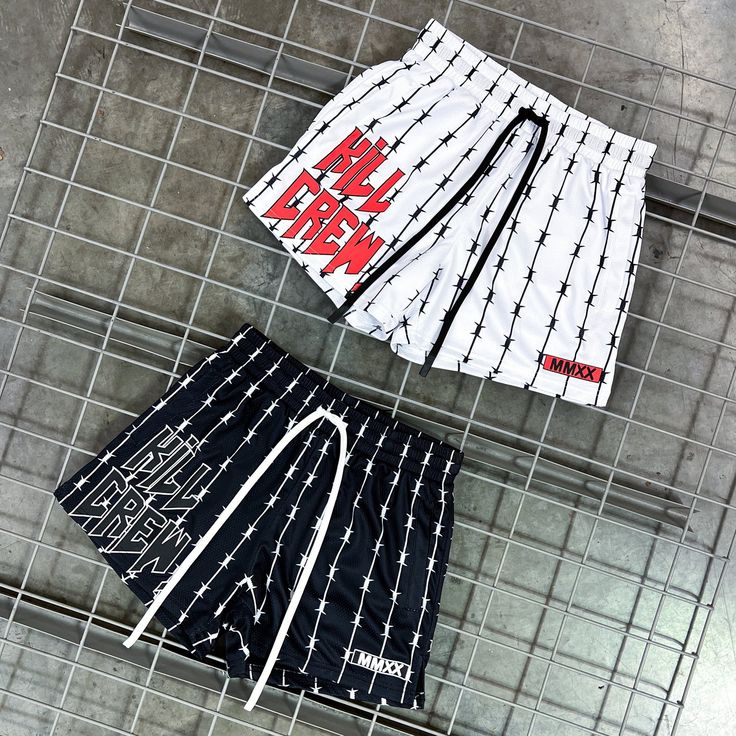 BARBWIRE MUAY THAI SHORTS (MID THIGH CUT) - BLACK / WHITE - Kill Crew Hip Hop Style Summer Shorts, White Drawstring Shorts For Streetwear, Sporty White Athletic Shorts With Drawstring, Training Shorts With Drawstring, Training Drawstring Shorts, White Cotton Athletic Shorts With Drawstring, Black Gym Shorts With Drawstring, White Cotton Training Shorts, Sporty Black Swim Trunks With Drawstring