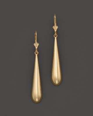 A traditional pair of teardrop earrings in 14K yellow gold, polished to a high shine. Elegant Long Drop Teardrop Earrings With Polished Finish, Elegant Polished Teardrop Drop Earrings, Luxury Drop Earrings For Formal Occasions, Classic Pear-shaped Polished Earrings, Yellow Gold Polished Teardrop Earrings, Formal Polished Long Drop Teardrop Earrings, Elegant Yellow Gold Drop Earrings, Elegant Teardrop Earrings With Polished Finish, Formal Long Drop Pierced Teardrop Earrings