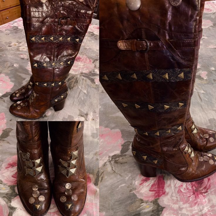 These Are Truly Stunning! They Started Out As Italian Quality Vintage Brown Leather Boots Women’s Size 8.5/9. They Have A Side Zipper And Are Easy To Slip On And Are In Excellent Wear Condition. I Then Customed Them Completely To Be Truly One-Off A Kind. Free Gift With Every Purchase. My Designs Aim To Make Something Old, Something New And Fabulous Again For Global Warming Conservation. Check Out My Designs, Shows & Sales On My Instagram @Farrahnaykaashline. Designer Brown Knee-high Boots, Designer Brown Ankle Boots, Brown Boots With Rivets For Fall, Brown Fall Boots With Rivets, Fall Brown Boots With Rivets, Designer Brown Heeled Boots With Reinforced Heel, Western Brown Boots With Rivets, Studded Leather Knee-high Boots, Vintage Brown Leather Heeled Boots With Round Toe