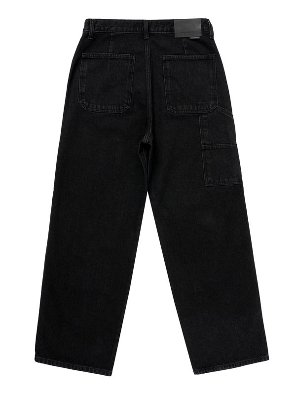 This is a comfortable and casual denim pants made out of sturdy 12.5oz cotton 100% fabric. With a design detail of standard silhouette, carpenter panel on the front legs, and natural and vintage color, it gives a trendy and casual look. - Standard silhouette- Suitable for all four seasons- Carpenter pants detail- Logo leather patch on the back waistband Black Tapered Leg Cargo Jeans With Patch Pockets, Black Utility Tapered Leg Jeans, Black Utility Jeans With Tapered Leg, Black Rigid Denim Bottoms With Contrast Stitching, Black Tapered Leg Jeans With Patch Pockets, Black Jeans With Tapered Leg And Patch Pockets, Utility Jeans With Contrast Stitching For Streetwear, Black Rigid Denim Jeans With Pockets, Black Denim Cargo Jeans With Contrast Stitching