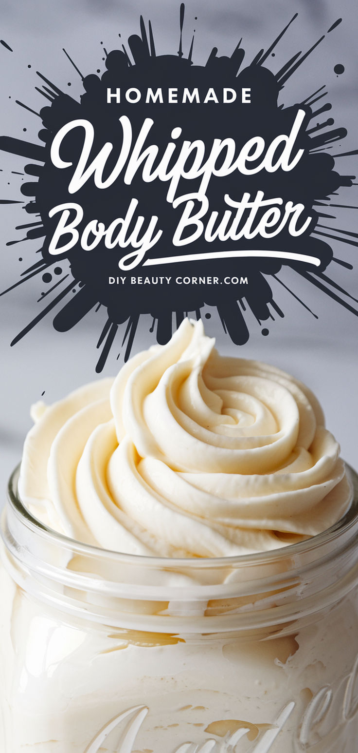 Homemade whipped body butter in a jar, natural and nourishing DIY body butter recipe for soft, glowing skin. Shea Cocoa Mango Body Butter Recipe, Whipped Olive Oil Body Butter, Homemade Cocoa Butter Lotion, Basic Body Butter Recipe, Diy Vanilla Body Butter, Cocoa Butter Whipped Body Butter, Body Shea Butter, Non Greasy Body Butter Recipe Homemade, Winter Body Butter Diy