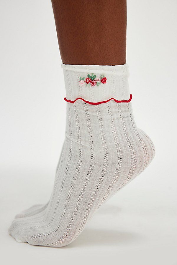 Designed to add the sweetest touch to every style, these effortless ankle socks are featured in a forever staple pointelle fabrication with floral embroidery and ruffled trim for a super femme finish. | Only Hearts Pointelle Ankle Socks at Free People in White, Size: M/L Cute Lace Trim Socks For Spring, Summer White Socks With Lace Trim, White Lace Trim Socks For Summer, Cute Ankle Socks, Twilight Dr, Only Hearts, White Socks, Cute Socks, Ankle Socks