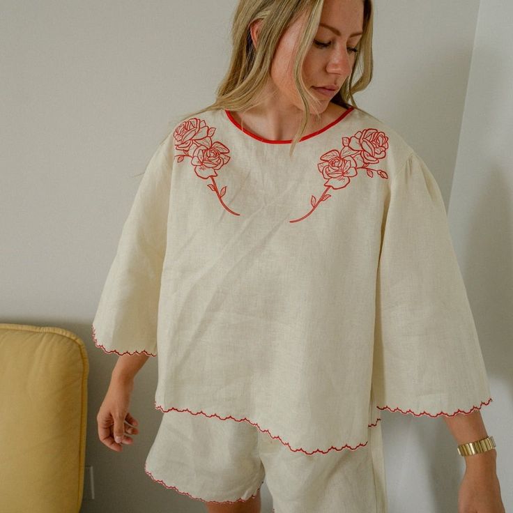 100% Organic Linen, The West Set Was Designed To Strike The Perfect Balance Between Feminine And Masculine. Featuring Drop Shoulders, Wide Sleeves, And Floral Embroidery Around The Dcollet, The Set Is A Perfect Dress-Up-Or-Down Situation And Has Us All Obsessed. Made Of 100% Organic Linen. Will Soften With Wear/Wash. Model Is Wearing Size M Care: Hand Or Machine Wash Cold - Hang To Dry. Measurements Laying Flat Pit To Pit 25" Length 26" Size 2x. New With Tags. No Flaws To Note Feminine And Masculine, Red Embroidery, Linen Set, Organic Linens, Co Ord Set, Wide Sleeves, Coat Dress, Floral Embroidery, Perfect Dress